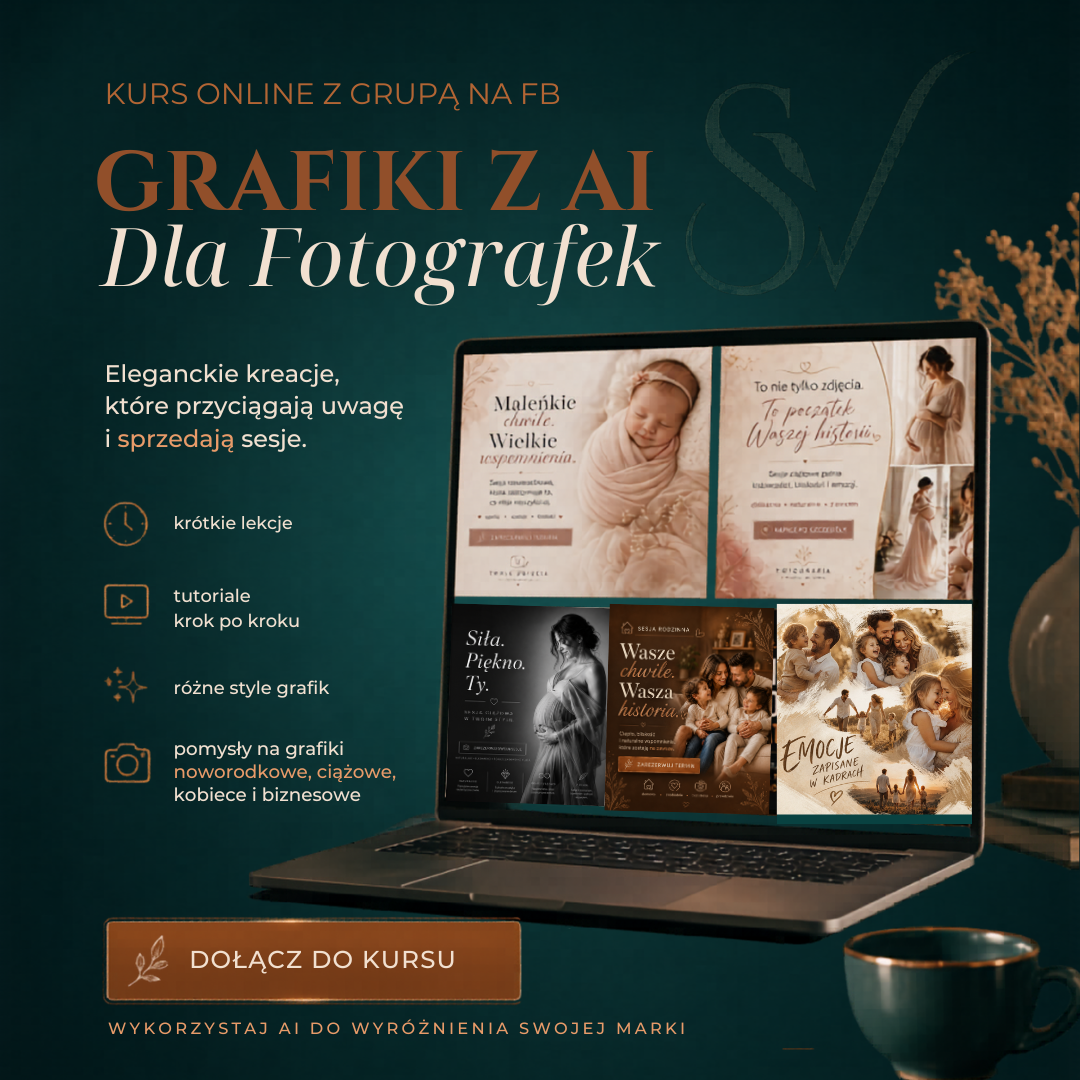 Grafiki AI dla fotografek Twórz grafiki do promowania sesji ciążowych, noworodkowych, rodzinnych, kobiecych i biznesowych.